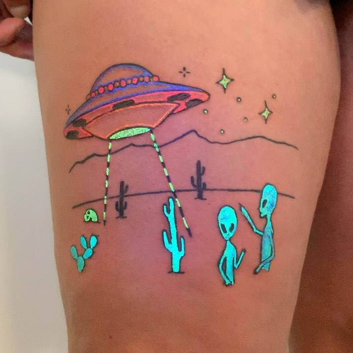 Neon UFO Alien tattoos