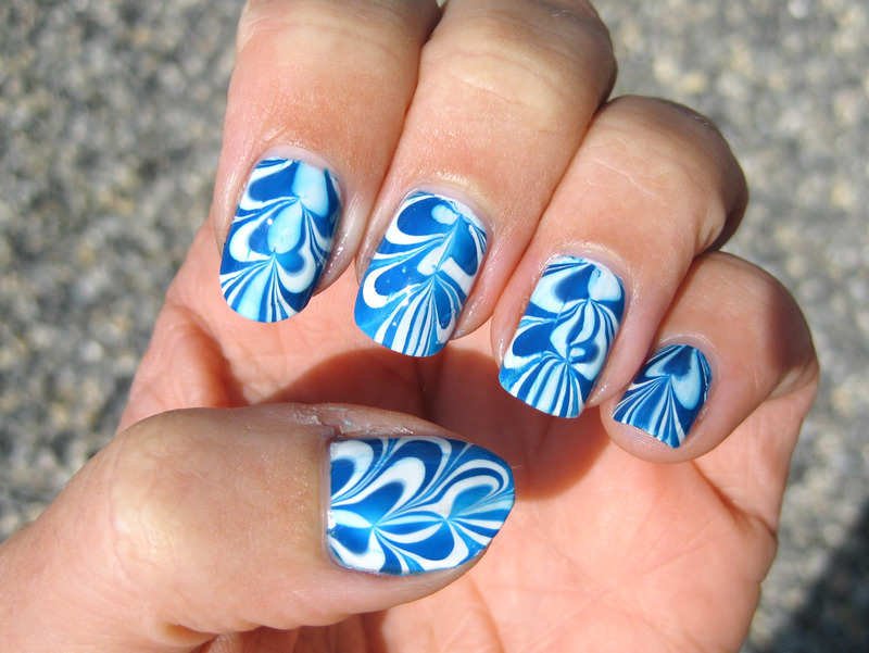Blue and White Water Marble Nail Design