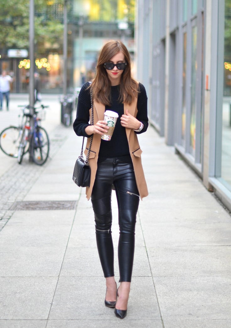 vest outfit ideas: vest with leather leggings