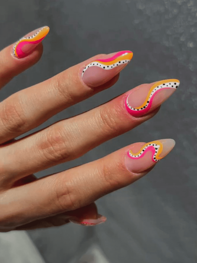 pink and yellow swirl nail designs
